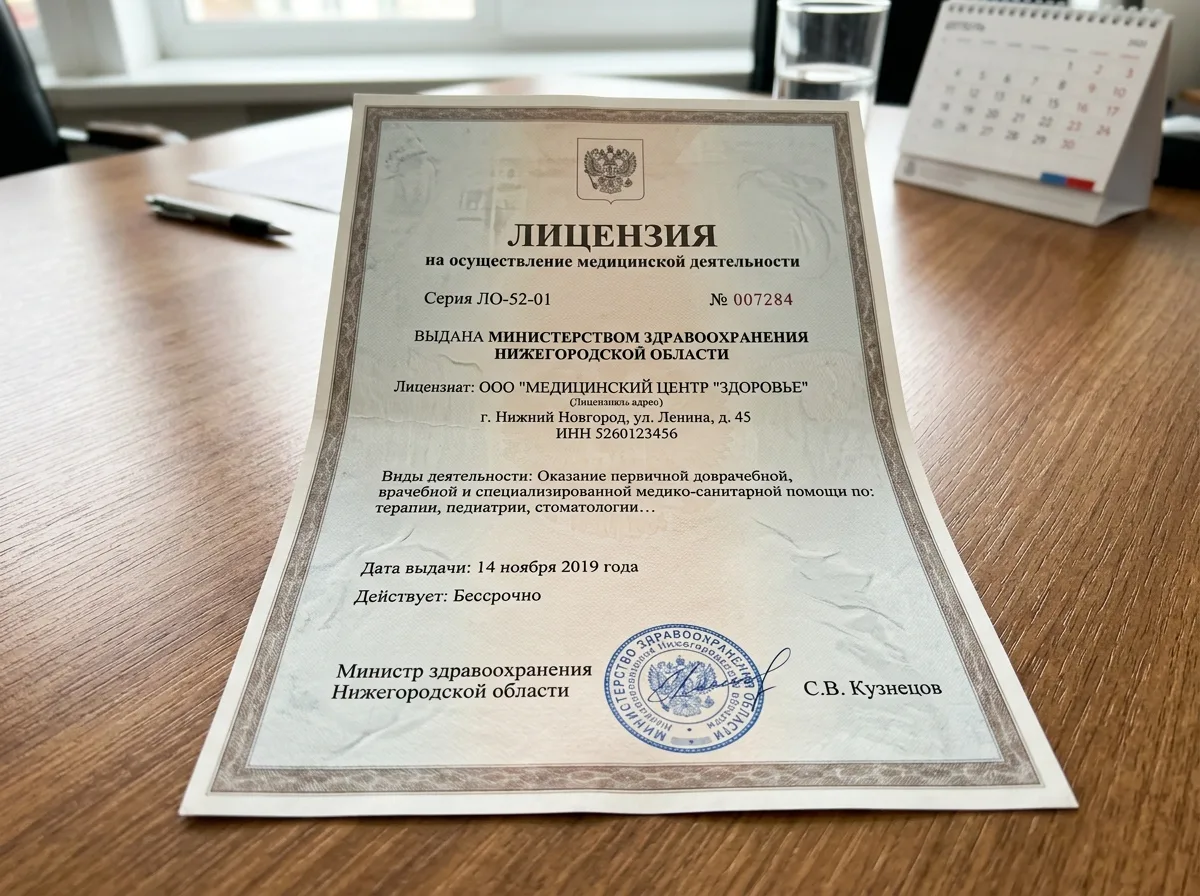 Лицензия на осуществление медицинской деятельности ЛО-52-01-007284, выданная Министерством здравоохранения Нижегородской области, официальный документ